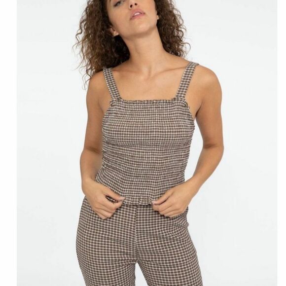 Sanctuary Westside Gingham Check Plaid Smocked Cropped Tank Top Chocolate Medium - Picture 1 of 10